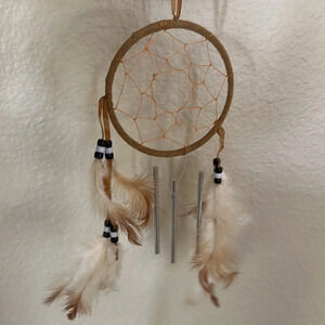 Lakota Sioux Dream Catcher with wind chimes brown and white